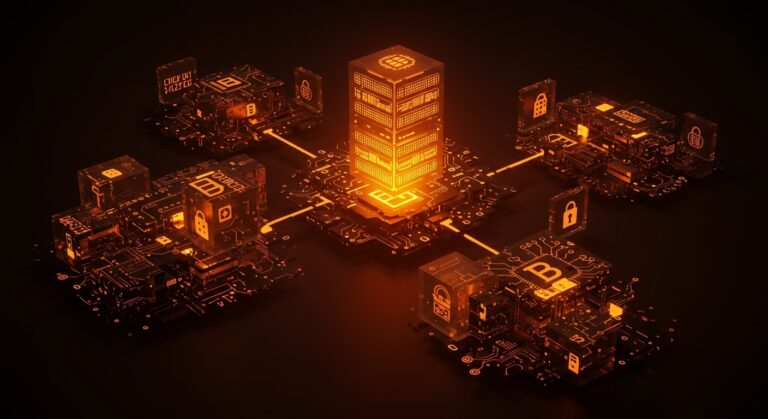 Ilustración conceptual de la ilusión de descentralización en Bluesky y ATProto mostrando infraestructura centralizada y control de datos.