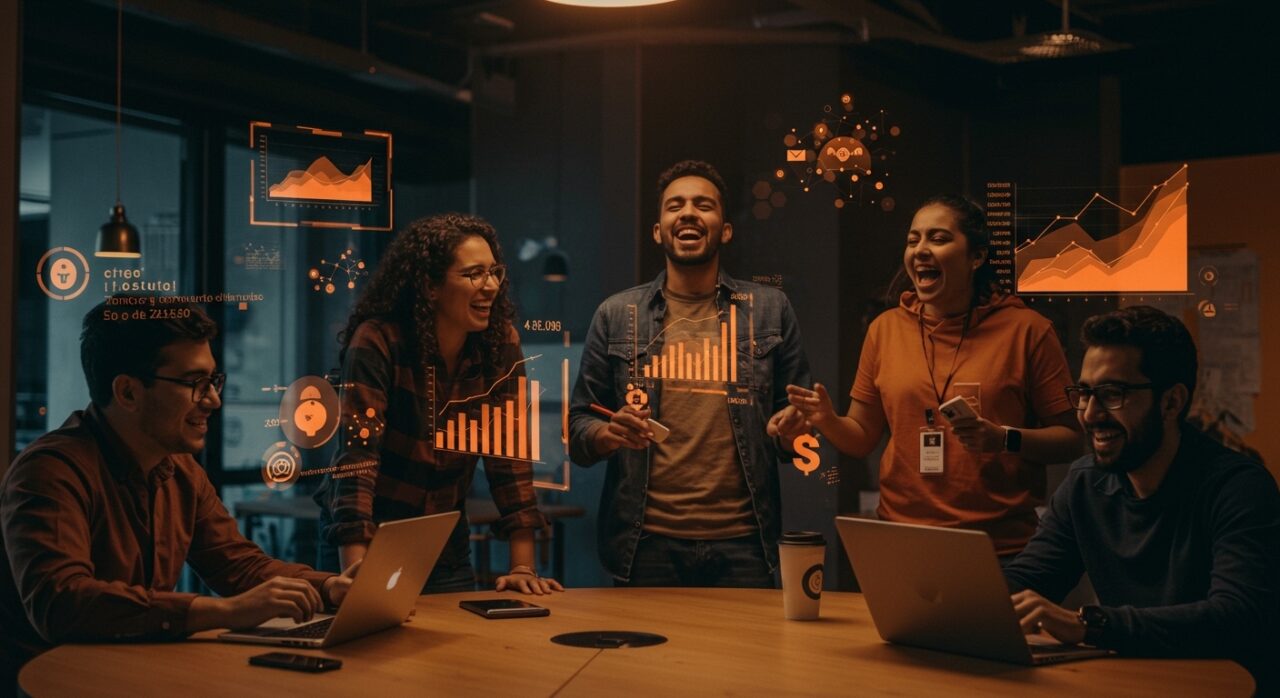 Grupo de fundadores de startups en Bogotá colaborando, destacando incentivos, subsidios y apoyo en el ecosistema de innovación.