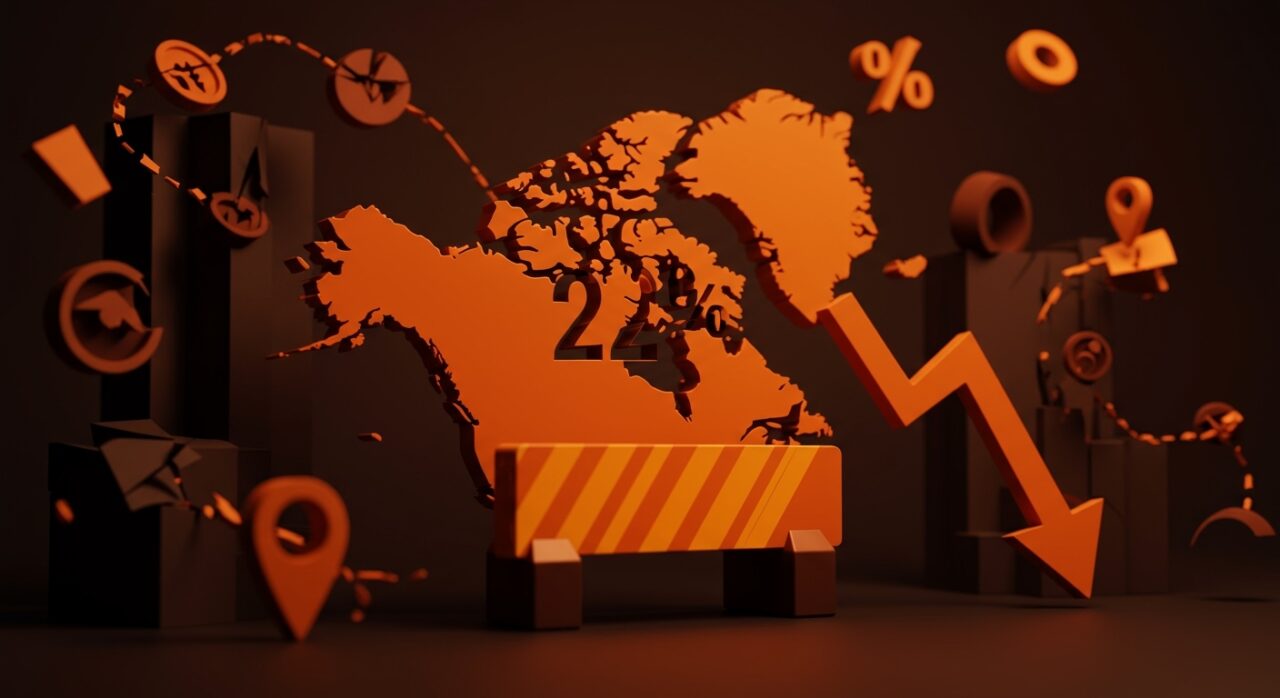 Caída del turismo canadiense a Estados Unidos debido a boicot político, representado con mapa y gráficos simbólicos de impacto en la industria turística internacional.