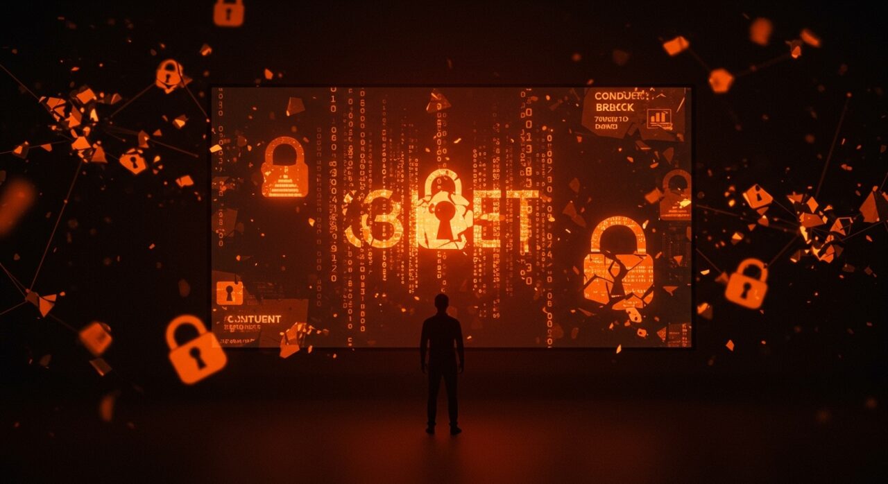 Founder preocupado frente a pantalla digital mostrando filtración de datos masiva de Conduent, destacando lecciones críticas de seguridad cibernética para startups.