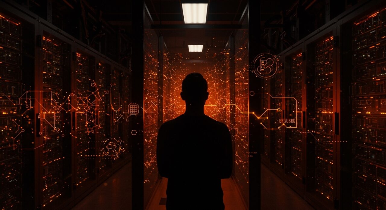 Brendan Gregg y la ingeniería de rendimiento en IA frente a un datacenter, simbolizando optimización energética y escalabilidad en OpenAI.