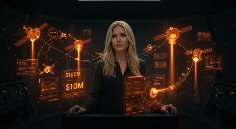 Bridgit Mendler liderando Northwood Space en infraestructura satelital con funding de $100M, imagen editorial para startup tecnológica.