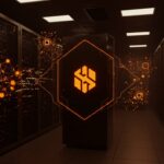 Unidad de infraestructura IA Brookfield Radiant valorada en 1.3B tras fusión, destacada con centros de datos y chips de inteligencia artificial en luz naranja y negra.