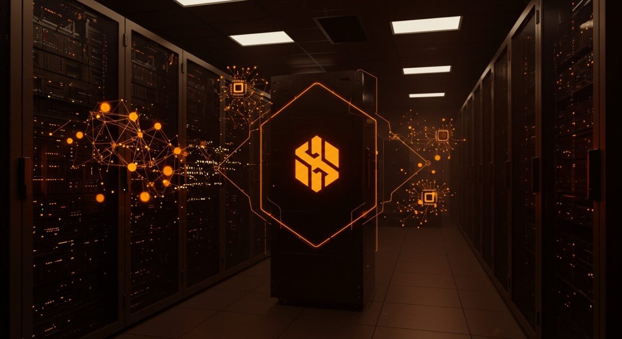 Unidad de infraestructura IA Brookfield Radiant valorada en 1.3B tras fusión, destacada con centros de datos y chips de inteligencia artificial en luz naranja y negra.