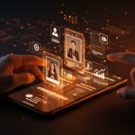 Interfaz futurista de Bumble con feedback de IA para fotos y perfiles en apps de citas.