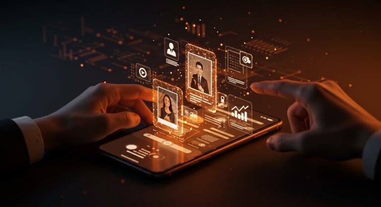 Interfaz futurista de Bumble con feedback de IA para fotos y perfiles en apps de citas.