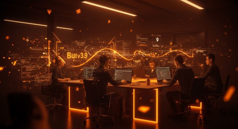 Desarrolladores colaborando en entorno moderno con código paralelo y optimizaciones JavaScript, ilustrando Bun runtime acelerando desarrollo SaaS.