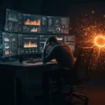 Profesional agotado por burnout de IA trabajando en una startup, con pantallas y redes neuronales abstractas que representan fatiga tecnológica.