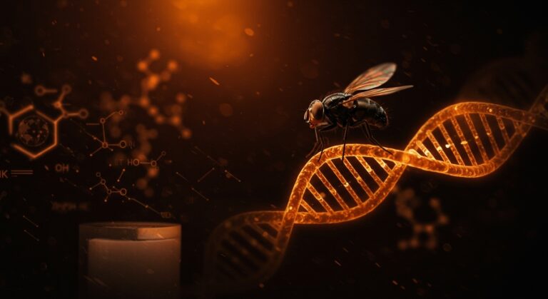 Mosca soldado negro sobre hélice genética en biotecnología para acuicultura chilena, destacando innovación y escalabilidad startup.