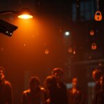 Cámara de vigilancia Flock Safety iluminada en tonos naranjas y negros, simbolizando la privacidad y financiamiento privado en tecnología policial urbana.