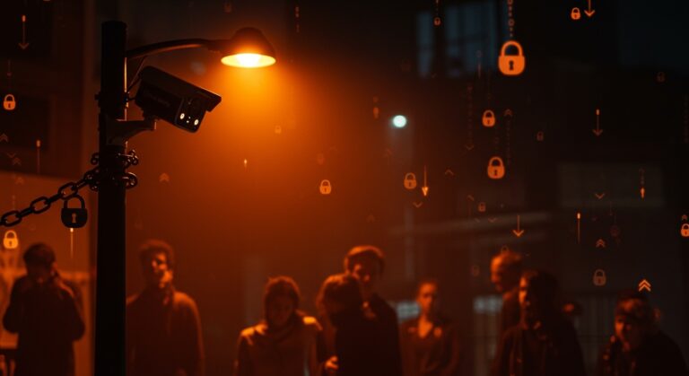 Cámara de vigilancia Flock Safety iluminada en tonos naranjas y negros, simbolizando la privacidad y financiamiento privado en tecnología policial urbana.