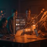 Colaboración en un entorno digital que representa la expansión y adquisiciones de Canva en animación y marketing digital en startups.