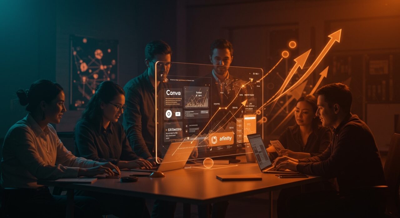 Colaboración en un entorno digital que representa la expansión y adquisiciones de Canva en animación y marketing digital en startups.