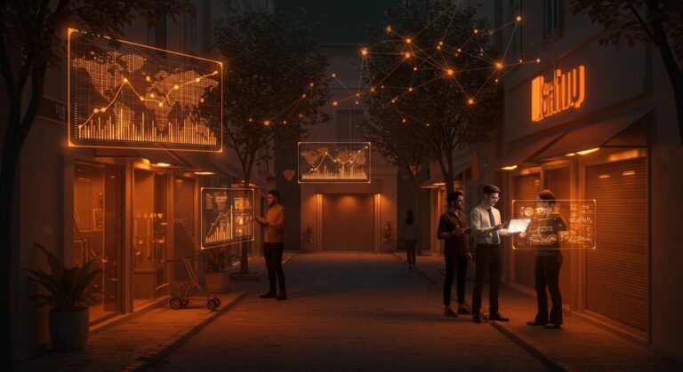 Escena urbana mostrando la captura de valor del suelo para revitalizar el retail urbano y el comercio local con tecnología retailtech.