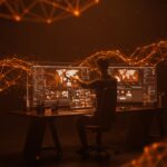 Espacio futurista donde un artista digital edita imágenes y videos con un modelo de IA unificado para creación visual.