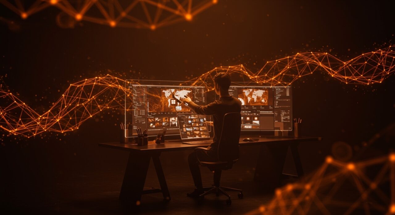 Espacio futurista donde un artista digital edita imágenes y videos con un modelo de IA unificado para creación visual.