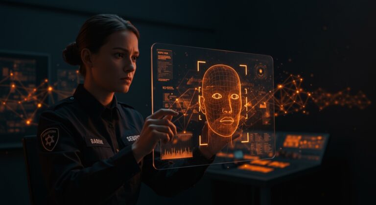 Reconocimiento facial de Clearview AI aplicado en vigilancia fronteriza, destacando debate ético y privacidad digital.