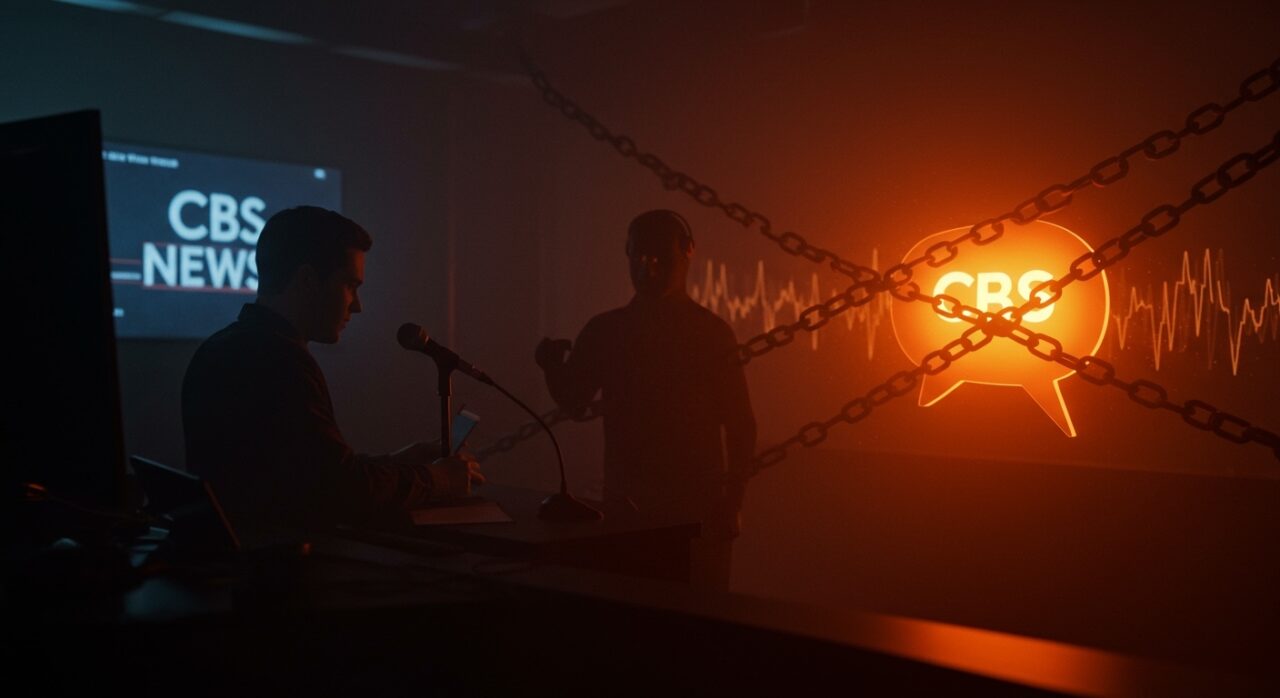 Imagen cinematográfica que representa la censura de CBS por miedo a la FCC, simbolizando la regulación de medios y la libertad de expresión en startups digitales.