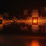 Visualización futurista de modelos de IA acelerados con enfoque en optimización de inferencia y tecnología de diffusion models en colores naranja y negro.