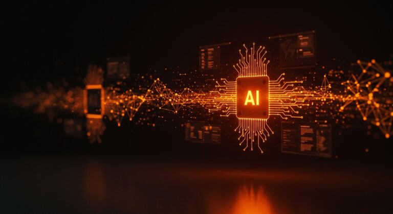 Visualización futurista de modelos de IA acelerados con enfoque en optimización de inferencia y tecnología de diffusion models en colores naranja y negro.