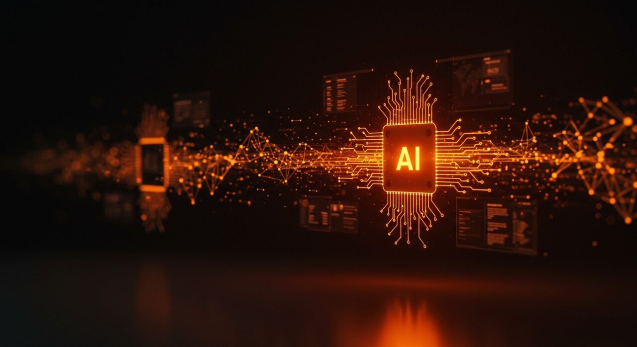 Visualización futurista de modelos de IA acelerados con enfoque en optimización de inferencia y tecnología de diffusion models en colores naranja y negro.