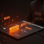 Ilustración conceptual de censura digital y libertad de expresión con presión de DHS sobre plataformas tecnológicas, destacando la moderación de contenido y derechos digitales.