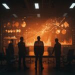 CEOs analizando el impacto limitado de la IA en productividad y empleo con gráficos digitales y metáforas visuales de paradoja tecnológica.