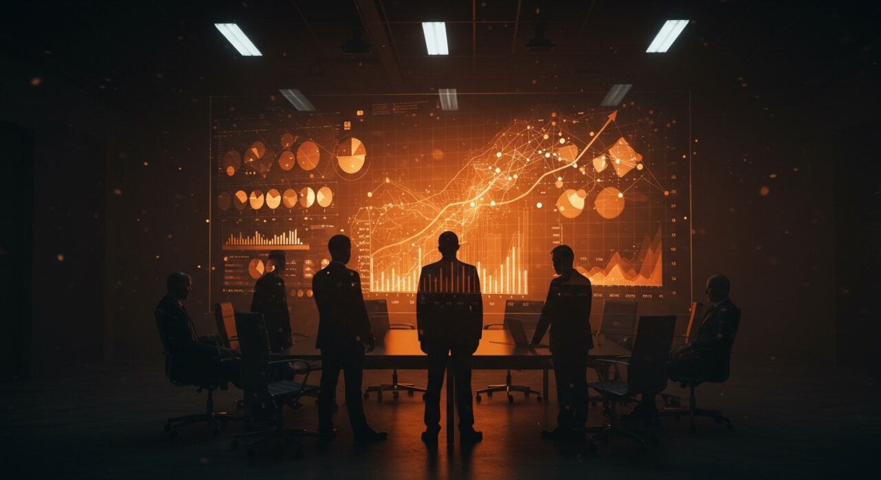 CEOs analizando el impacto limitado de la IA en productividad y empleo con gráficos digitales y metáforas visuales de paradoja tecnológica.