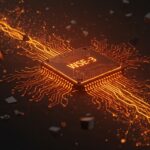 Chip innovador WSE-3 de Cerebras Systems con luces naranjas y negras, simbolizando su ronda de financiación y competencia con Nvidia en inteligencia artificial.