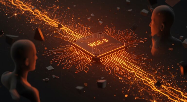 Chip innovador WSE-3 de Cerebras Systems con luces naranjas y negras, simbolizando su ronda de financiación y competencia con Nvidia en inteligencia artificial.