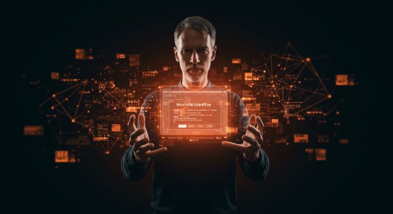 Recreación del navegador original WorldWideWeb de 1990 en holograma, simbolizando la innovación digital y evolución tecnológica desde CERN y Tim Berners-Lee.