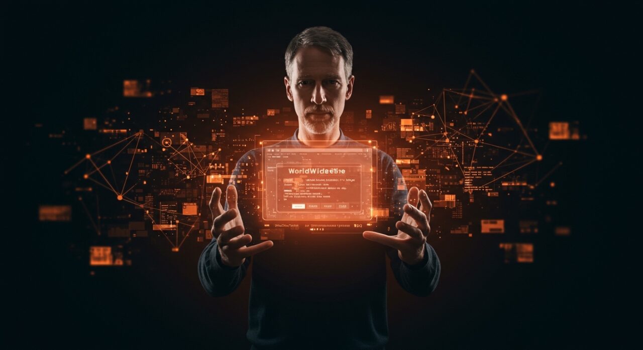 Recreación del navegador original WorldWideWeb de 1990 en holograma, simbolizando la innovación digital y evolución tecnológica desde CERN y Tim Berners-Lee.