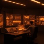 Control operativo futurista inspirado en el aeropuerto Kansai mostrando eficiencia operativa y cero errores para startups tecnológicas.