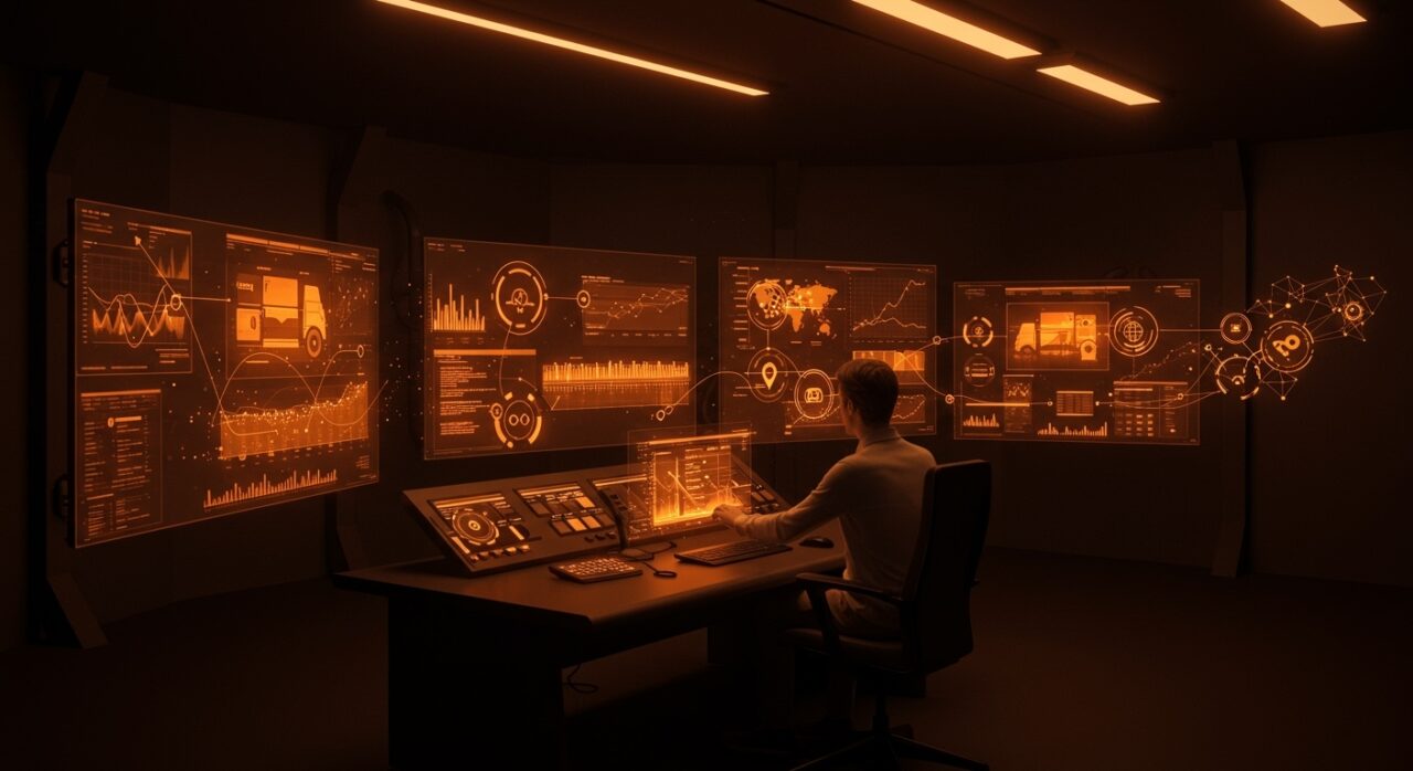 Control operativo futurista inspirado en el aeropuerto Kansai mostrando eficiencia operativa y cero errores para startups tecnológicas.