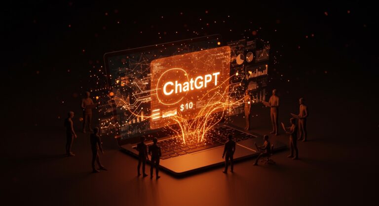 Interfaz holográfica de ChatGPT con flujos de inversión y metáforas de IA y crecimiento tecnológico en ecosistema startup.