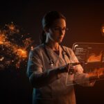 Founder tech utilizando ChatGPT Health en triage médico con inteligencia artificial aplicada en salud en una interfaz digital futurista.