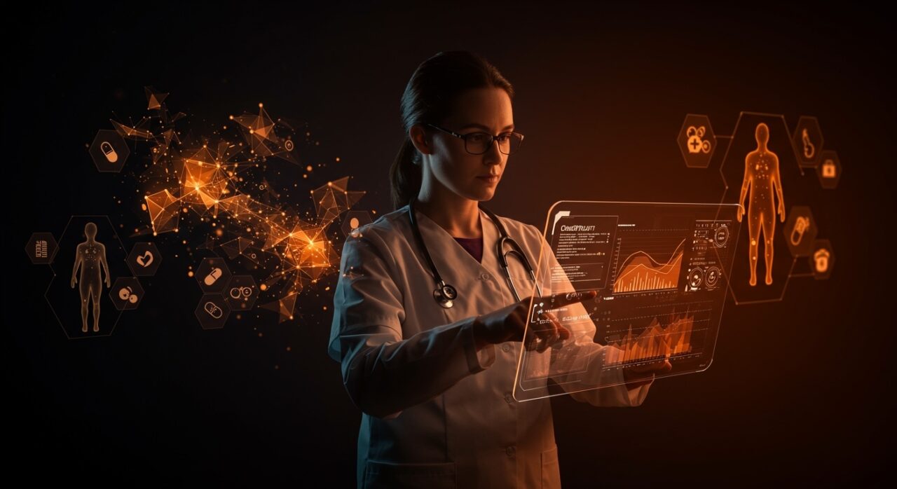 Founder tech utilizando ChatGPT Health en triage médico con inteligencia artificial aplicada en salud en una interfaz digital futurista.