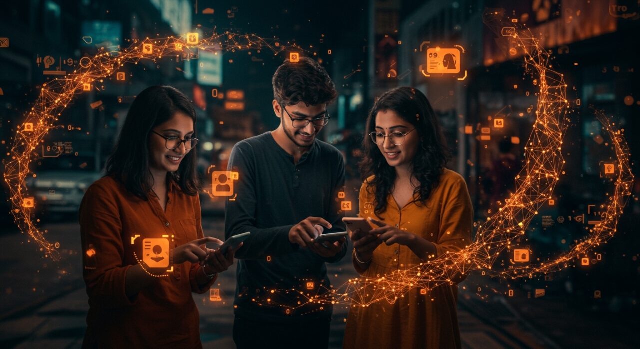 Jóvenes en India usando ChatGPT, ilustrando la adopción de inteligencia artificial generativa en mercados emergentes.