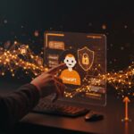 Interfaz futurista de ChatGPT con anuncios y protecciones de privacidad, ilustrando la monetización y la innovación en IA para startups.