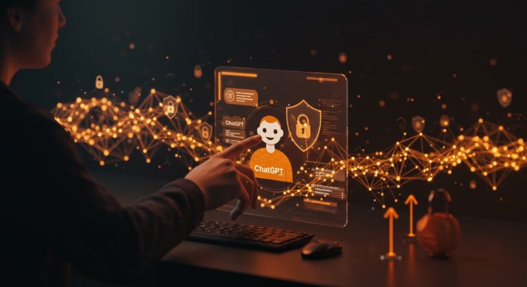 Interfaz futurista de ChatGPT con anuncios y protecciones de privacidad, ilustrando la monetización y la innovación en IA para startups.