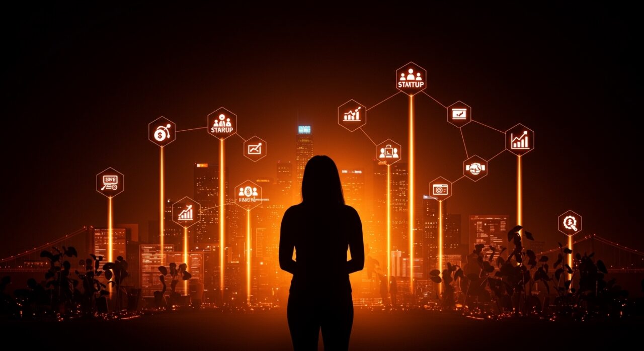 Founder latina sólida simbolizando la inversión en startups latinas y diversidad en venture capital con energía y conexión en Silicon Valley.