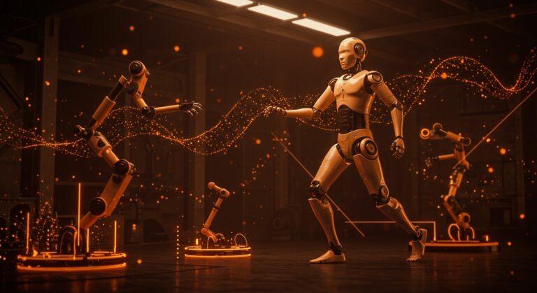 Robot humanoide avanzado en entorno industrial que representa el liderazgo de China en innovación robótica y el mercado emergente de automatización.