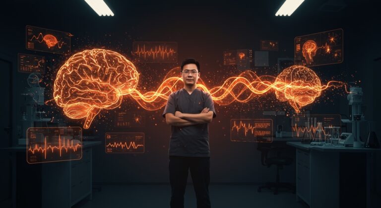 Industria de brain-computer interface en China mostrando innovación neurotecnológica y apoyo de venture capital en un laboratorio moderno.