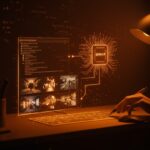 Espacio de trabajo futurista con guion cinematográfico interactivo y grafos probabilísticos que ilustran IA aplicada en la automatización de escritura de guiones.