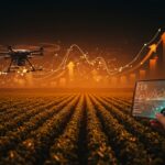 Drone usando inteligencia artificial para análisis agronómico en agricultura de precisión con inversión de capital riesgo en agritech.