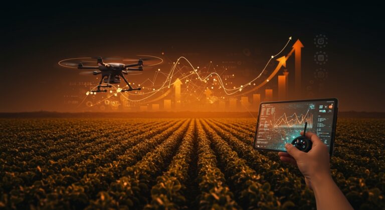 Drone usando inteligencia artificial para análisis agronómico en agricultura de precisión con inversión de capital riesgo en agritech.