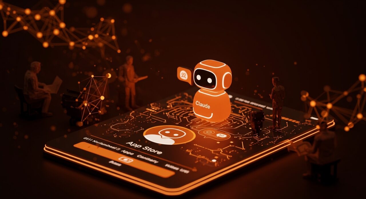 Interfaz futurista del chatbot IA Claude destacándose en App Store con metáforas visuales de inteligencia artificial y disputa con el Pentágono en el contexto de startups tecnológicas.