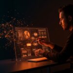 Fundador tecnológico usando interfaz digital futurista que muestra flujo de trabajo de desarrollo asistido por IA con Claude Code en paleta naranja y negro.