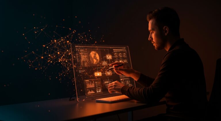 Fundador tecnológico usando interfaz digital futurista que muestra flujo de trabajo de desarrollo asistido por IA con Claude Code en paleta naranja y negro.