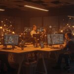 Espacio corporativo futurista mostrando la colaboración y productividad empresarial impulsada por IA con Claude Cowork de Anthropic.